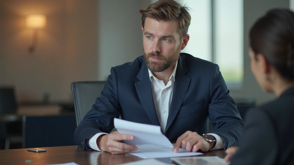 Профессиональное фото консультанта по страхованию, обсуждающего полисы с клиентом за офисным столом